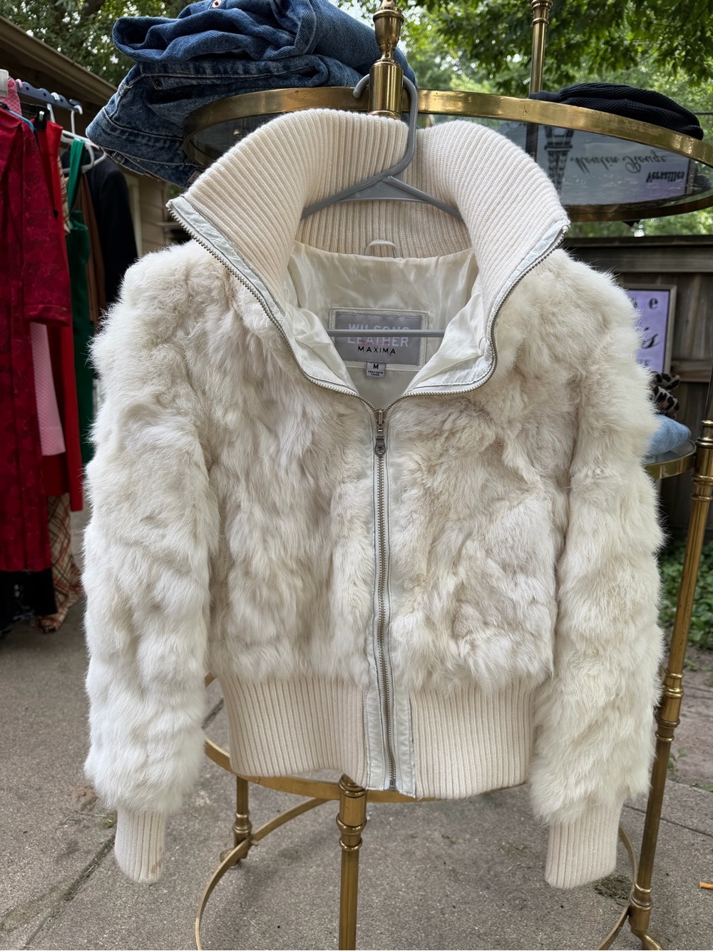 Vintage Wilsons Leather Maxima White Rabbit Fur Bomber Jacket Size M Coat Y2K